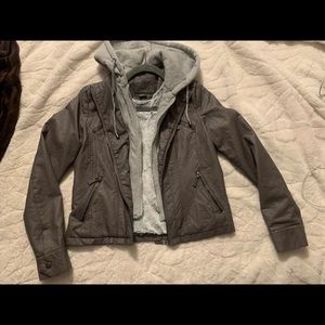 Layered leather jacket with sweat shirt and very soft lining